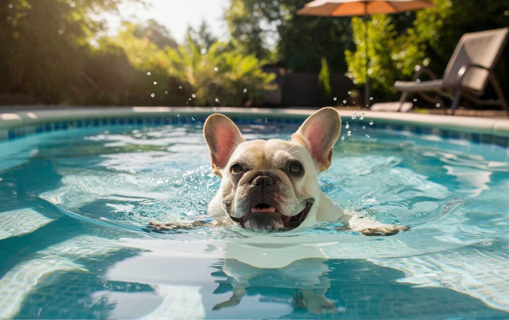 french bulldog swimming in a glistening pool, greenery and an umbrella in the background