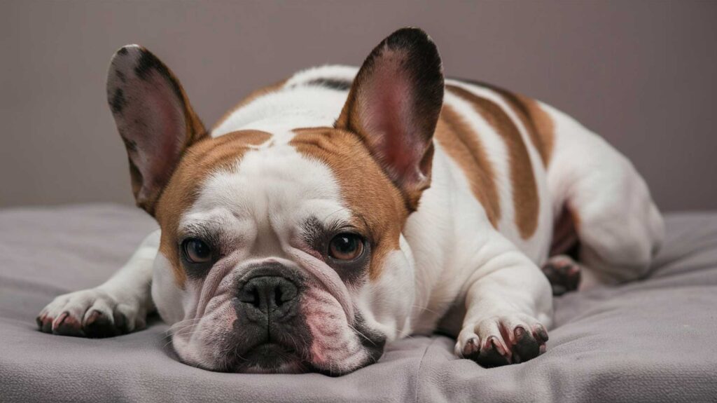 sick looking brown and white french bulldog lying front on