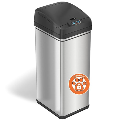 trash can tall stainless steel with black lid, pet proof