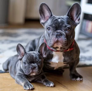 allergies in french bulldogs genetics as a cause - mother and baby blue french bulldog sitting together